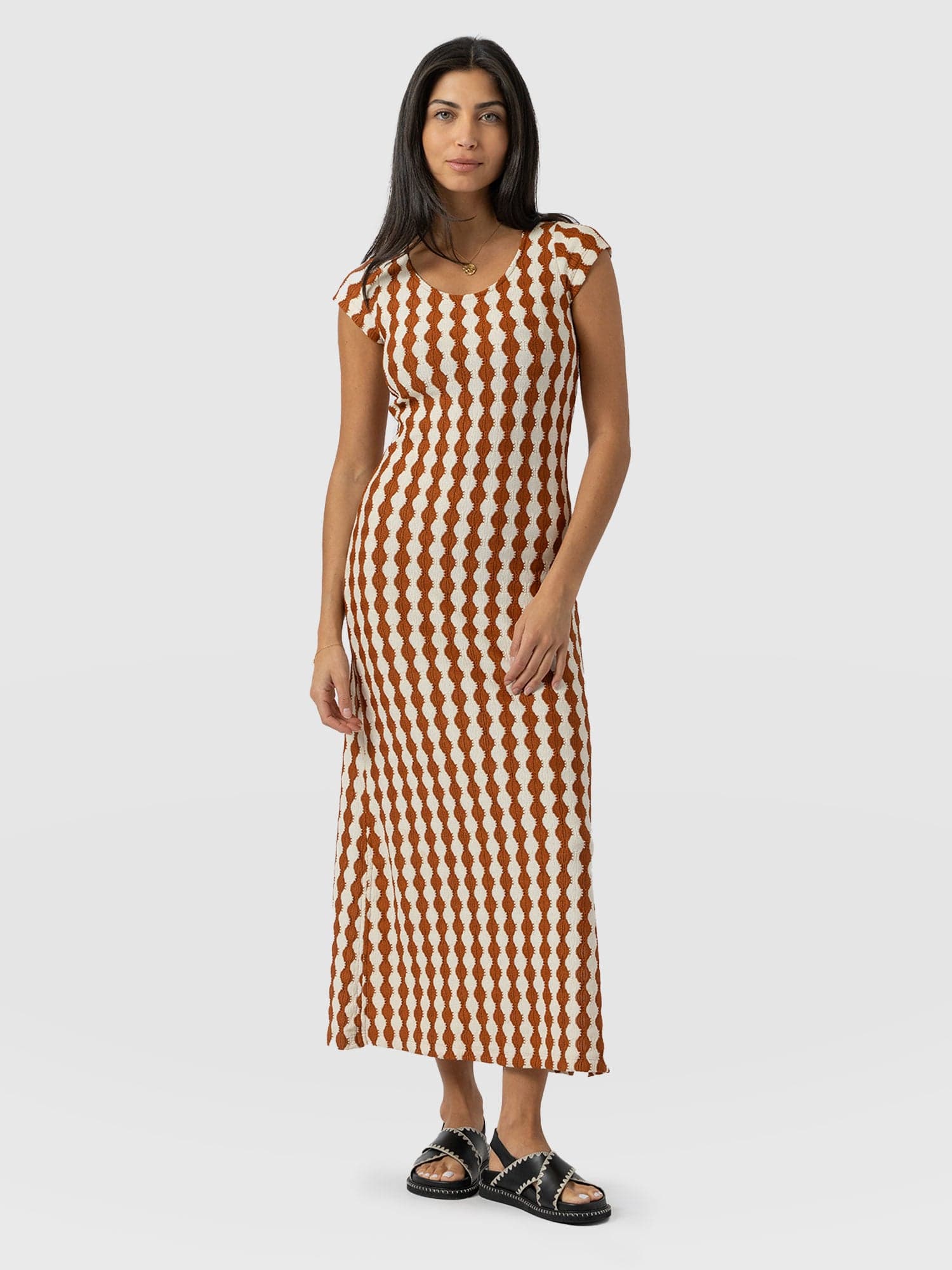 Edna Scoop Neck Midaxi Dress - Brown/Cream - Women's Dresss | Saint + Sofia® USA
